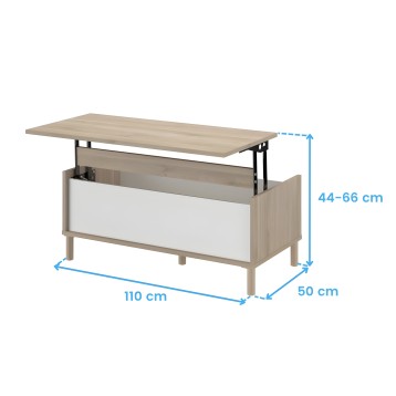Mesa de centro elevable en madera natural y blanco con almacenamiento y tapa abatible