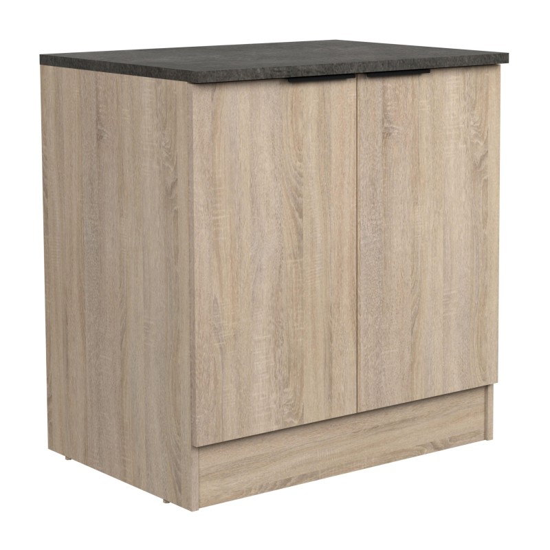 Mueble bajo de cocina en madera clara con encimera gris oscuro y puertas abatibles
