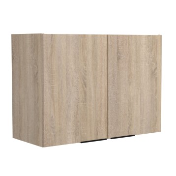Armario de cocina colgante de madera clara con dos puertas y tirador negro en acabado roble natural