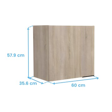 Mueble auxiliar cubo en madera clara con acabado efecto roble y vista lateral de dimensiones