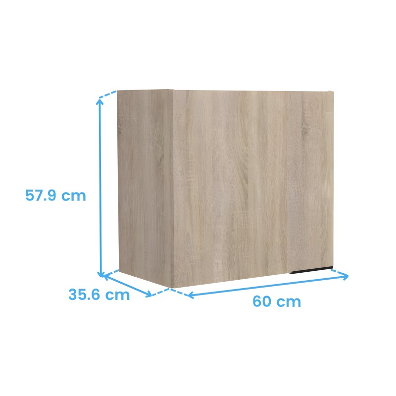 Mueble auxiliar cubo en madera clara con acabado efecto roble y vista lateral de dimensiones