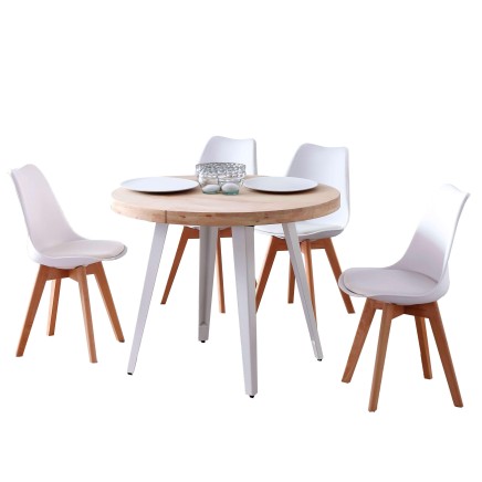 Conjunto de comedor redondo con mesa de madera clara y patas blancas y cuatro sillas blancas con patas de madera