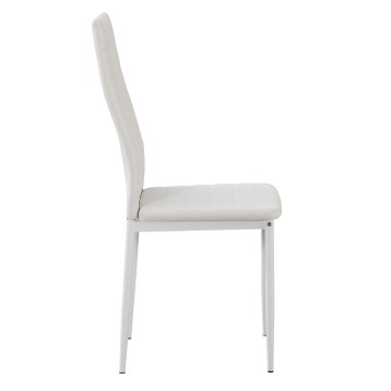 Silla de comedor con asiento y respaldo acolchado en blanco y estructura metálica blanca vista lateral