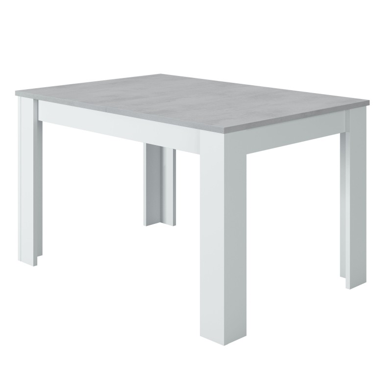 Mesa de comedor rectangular con tablero gris y estructura blanca de patas macizas