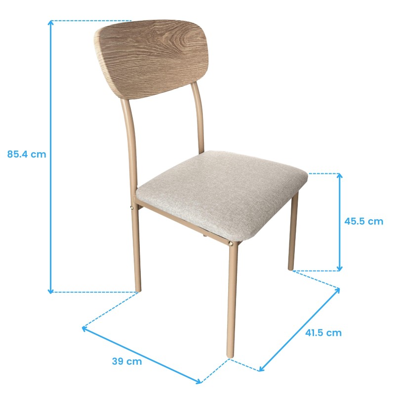 Silla de madera natural con respaldo redondeado y asiento tapizado en beige claro