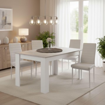 Comedor moderno con mesa cuadrada blanca y tapa beige rodeada de sillas tapizadas grises y blancas en ambiente luminoso
