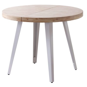 Mesa redonda extensible en madera natural con patas metálicas grises y tablero con apertura central
