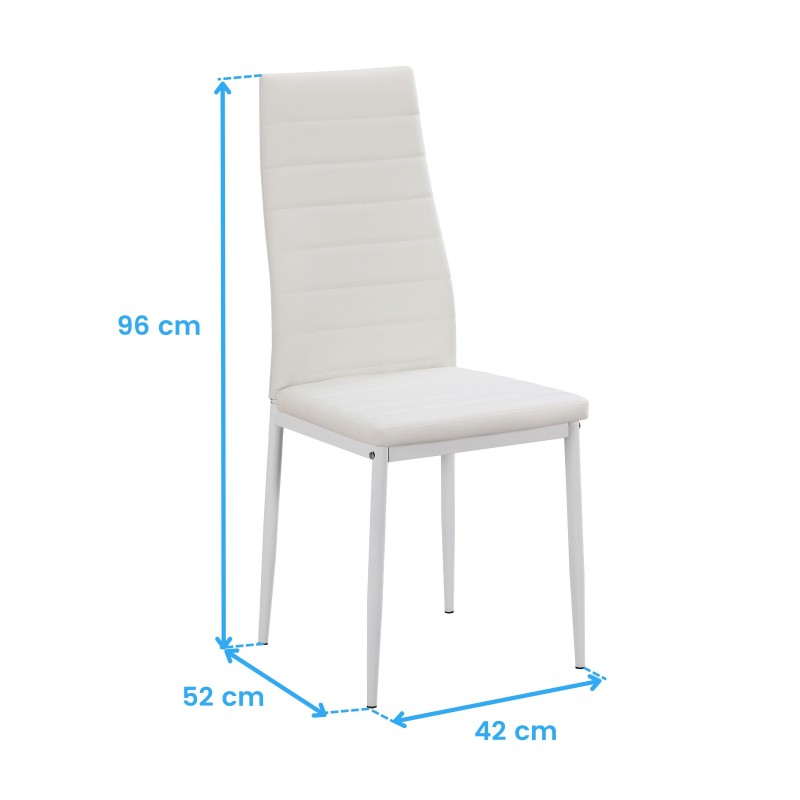 Silla tapizada en blanco con respaldo alto acolchado y estructura metálica gris vista frontal con medidas