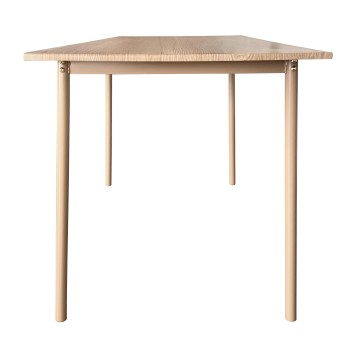 Mesa de comedor cuadrada en madera natural clara con tablero texturizado y patas cilíndricas