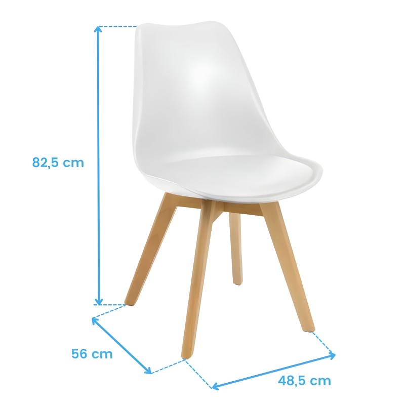 Silla de comedor con asiento blanco y respaldo curvo sobre patas de madera natural