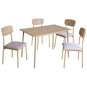Conjunto de comedor con mesa rectangular de madera clara y cuatro sillas de madera con respaldo redondeado y asiento tapizado gr