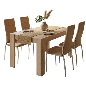Comedor con mesa rectangular madera clara y cuatro sillas tapizadas marrón patas metálicas