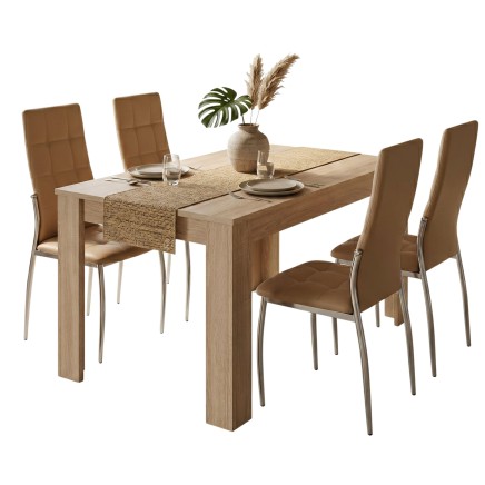 Comedor con mesa rectangular madera clara y cuatro sillas tapizadas marrón patas metálicas