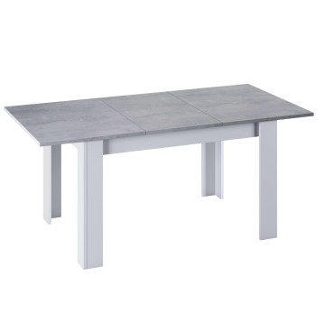 Mesa de comedor extensible con tablero gris cemento y patas blancas