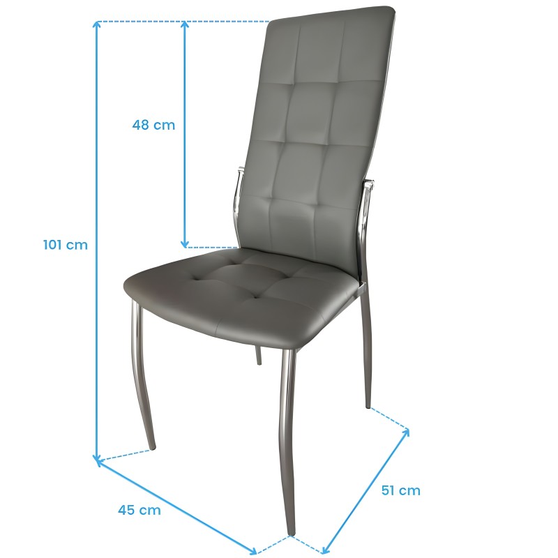 Silla de comedor tapizada gris con respaldo alto acolchado y estructura metálica cromada