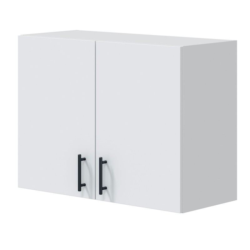 Mueble colgante blanco con dos puertas y tiradores negros tipo barra de metal vista frontal