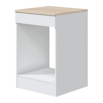 Mueble de cocina blanco con tapa de madera clara y nicho abierto con cajón inferior