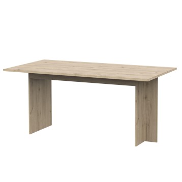 Mesa de comedor rectangular en madera clara con patas paneladas y tablero liso
