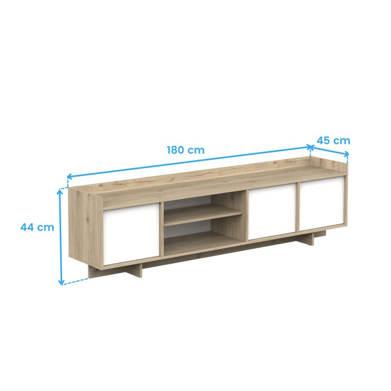 Mueble TV bajo madera clara con puertas correderas blancas y estantes centrales abiertos