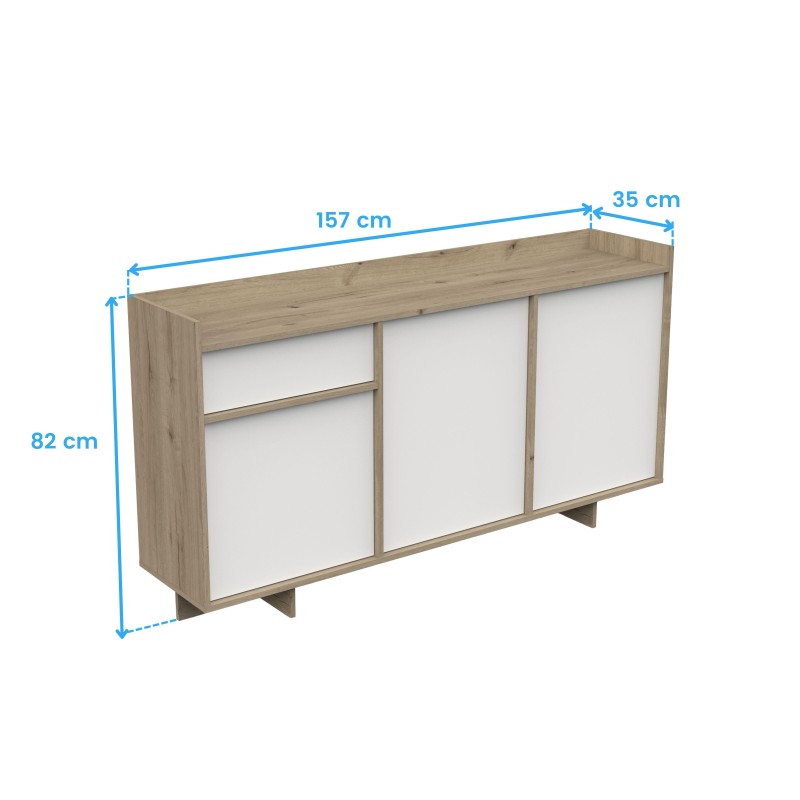 Aparador de madera natural y blanco con puertas correderas y encimera de madera vista frontal