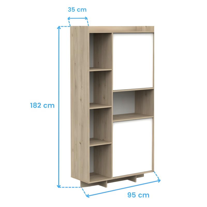 Estantería alta de madera clara con compartimentos abiertos y paneles blancos en estructura modular
