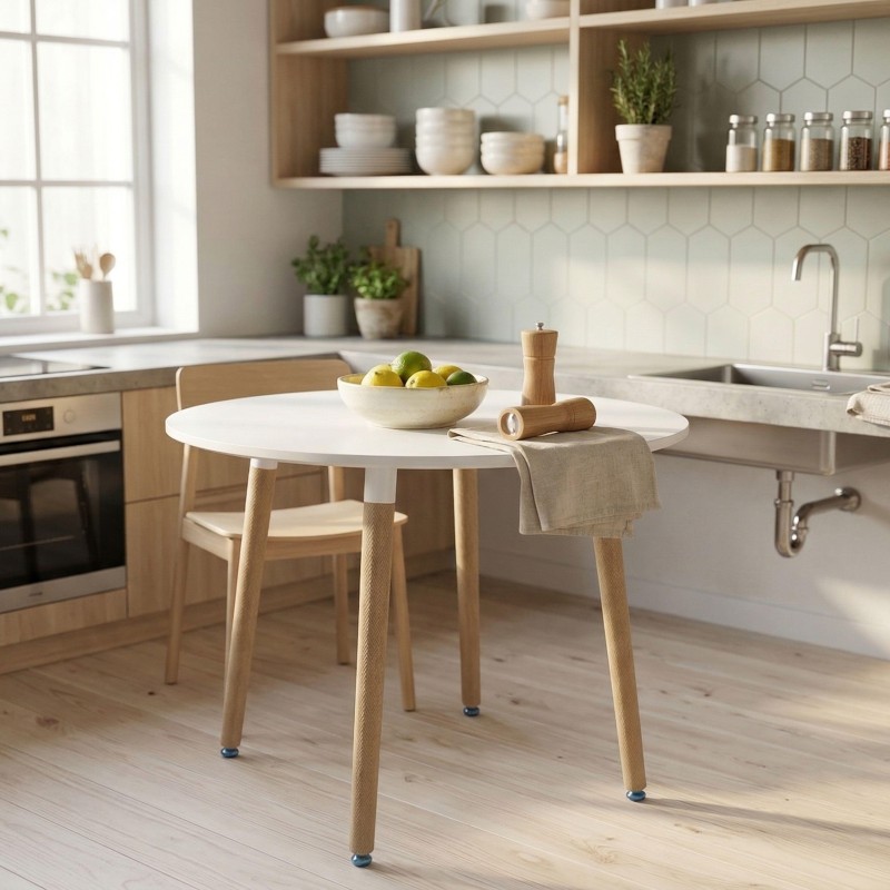 Mesa redonda blanca con patas de madera natural en cocina moderna y luminosa