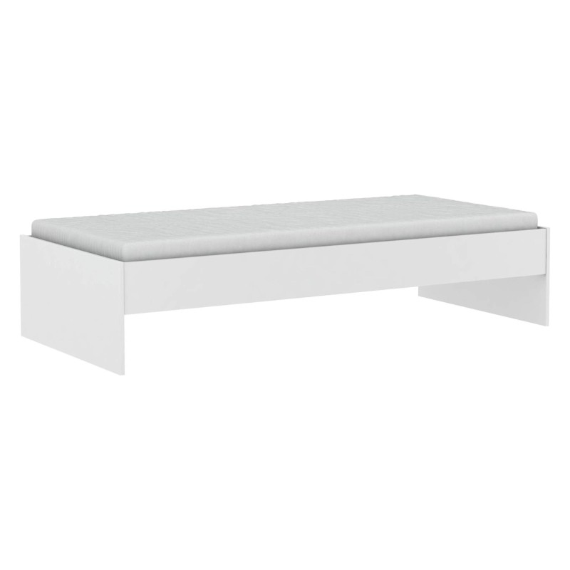 Cama individual blanca con estructura minimalista y colchón gris claro vista lateral