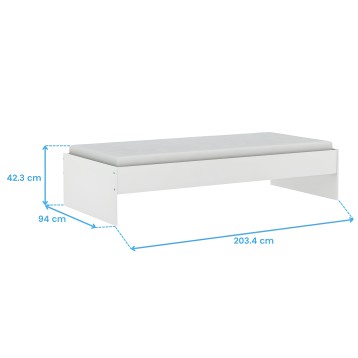 Cama individual blanca con colchón gris y diseño moderno con lateral abierto
