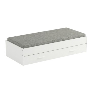 Cama nido blanca con colchón gris y cajones de almacenamiento inferiores
