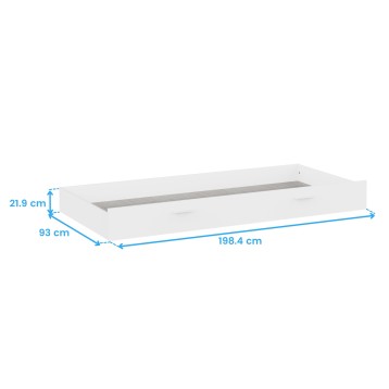 Cama nido blanca con estructura rectangular y cajones inferiores vista en perspectiva
