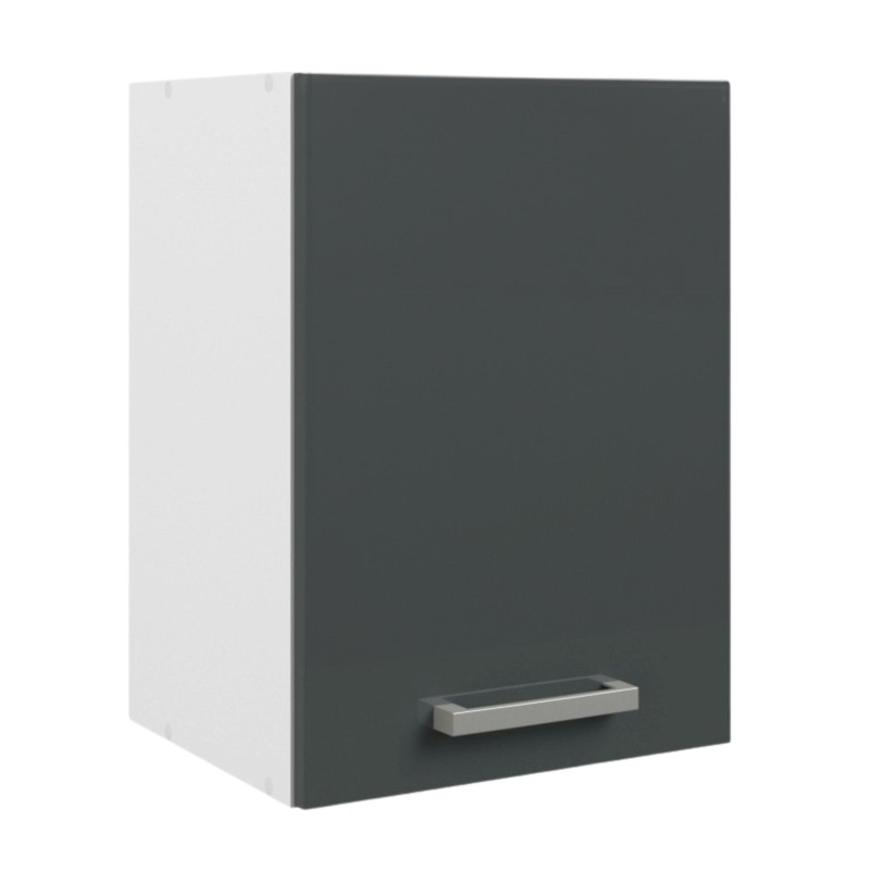 Mueble cocina colgante con puerta abatible gris oscuro y marco metálico plateado