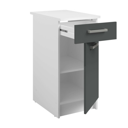 Mueble bajo cocina blanco y gris antracita con cajón y puerta abiertos mostrando estantes internos