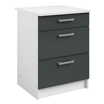 Mueble bajo cocina blanco y gris antracita con tres cajones y tiradores metálicos