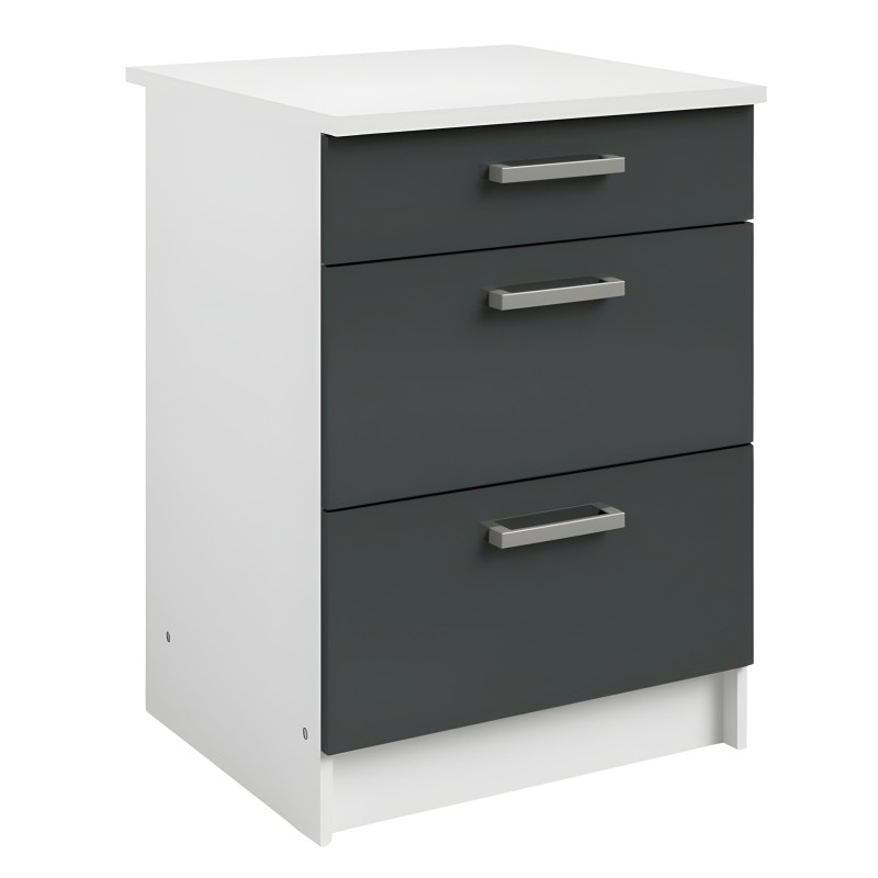 Mueble bajo cocina blanco y gris antracita con tres cajones y tiradores metálicos