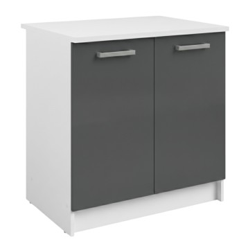 Mueble bajo cocina blanco y gris con encimera blanca y dos puertas con tiradores metálicos