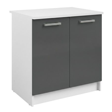 Mueble bajo cocina blanco y gris con encimera blanca y dos puertas con tiradores metálicos