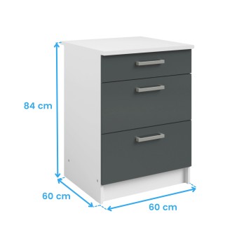 Mueble bajo cocina blanco y gris antracita con tres cajones y tirador metalizado