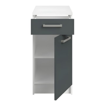 Mueble de cocina blanco y gris antracita con cajón y puerta abatible y estantes interiores