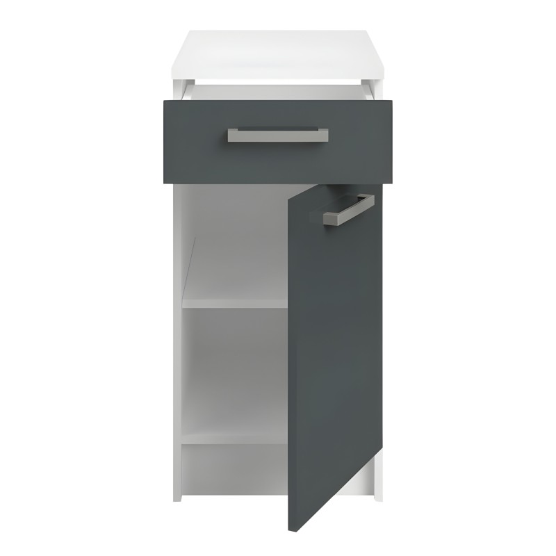 Mueble de cocina blanco y gris antracita con cajón y puerta abatible y estantes interiores