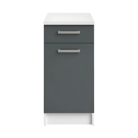 Mueble bajo de cocina con frente gris oscuro y encimera blanca. Dos cajones con tiradores metálicos y puerta abatible inferior.