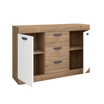 Aparador de madera roble con puerta blanca y tres cajones centrales con tirador gris y espacios abiertos laterales