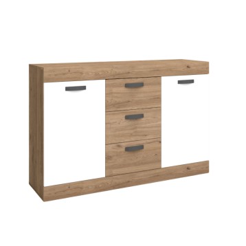 Aparador de madera roble con puertas blancas y tres cajones centrales y tiradores grises