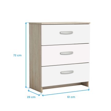 Cómoda de madera clara y tres cajones blancos con asas plateadas vista frontal