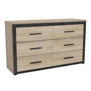 Cómoda de madera con seis cajones y marco negro con tiradores negros en estilo industrial