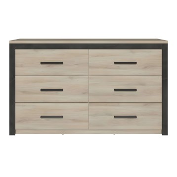 Cómoda de madera clara con marco gris oscuro y seis cajones con tiradores negros