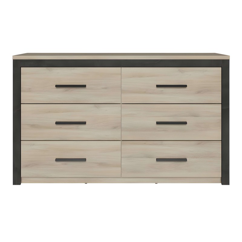 Cómoda de madera clara con marco gris oscuro y seis cajones con tiradores negros