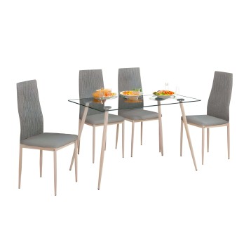 Juego de comedor con mesa de cristal rectangular y cuatro sillas tapizadas en gris con patas de madera clara
