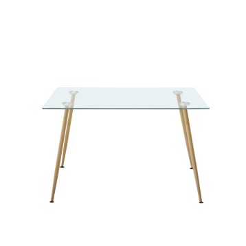 Mesa de comedor con tablero de cristal rectangular y patas de madera natural con detalles metálicos