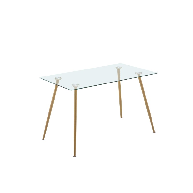 Mesa rectangular con sobretop de cristal transparente y estructura de patas de madera natural inclinadas