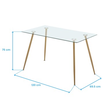 Mesa de comedor rectangular con tablero de cristal y patas de madera natural inclinadas
